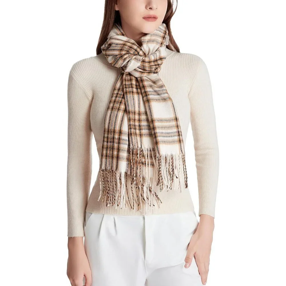 Women's Fine Plaid Beige Fashion Long Shawl Big Grid Winter Warm Lattice Scarf